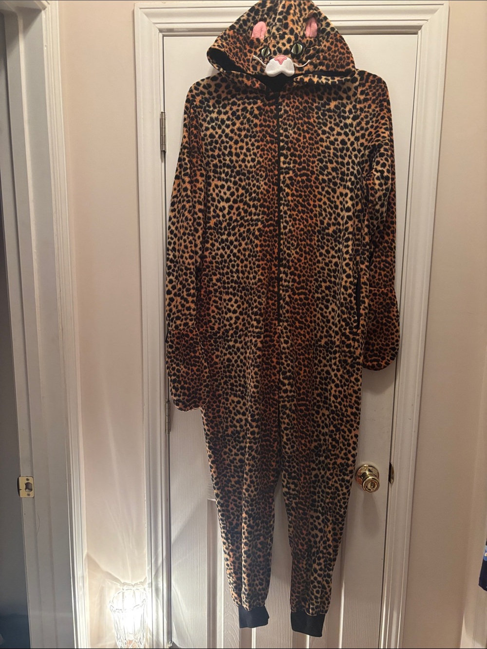 Xhilaration Leopard Print Hooded Fleece Jumpsuit - Brown